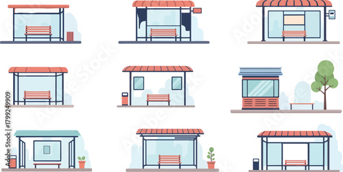 Set of Modern Bus Stops with Benches and Greenery in Urban Environment
