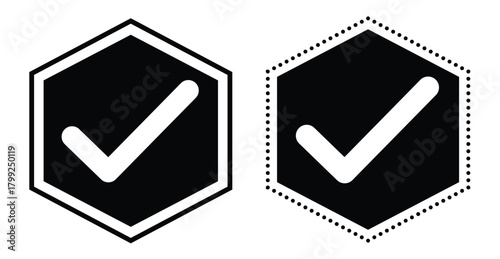 Hexagonal checkmark icons with white tick symbol, signifying approval, validation, acceptance, correctness, completion, and quality control