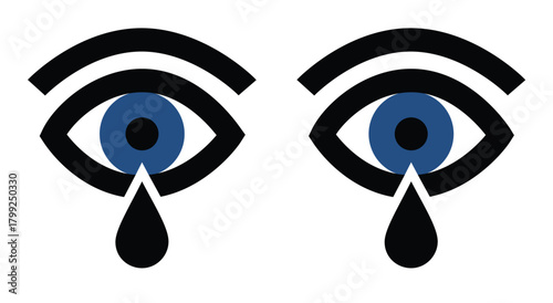 Blue eye icons with a black single tear drop, symbolizing sadness, grief, emotion, crying, melancholy, and human feelings