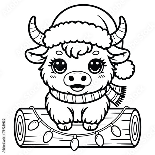 Cute cartoon bull wearing santa hat and scarf