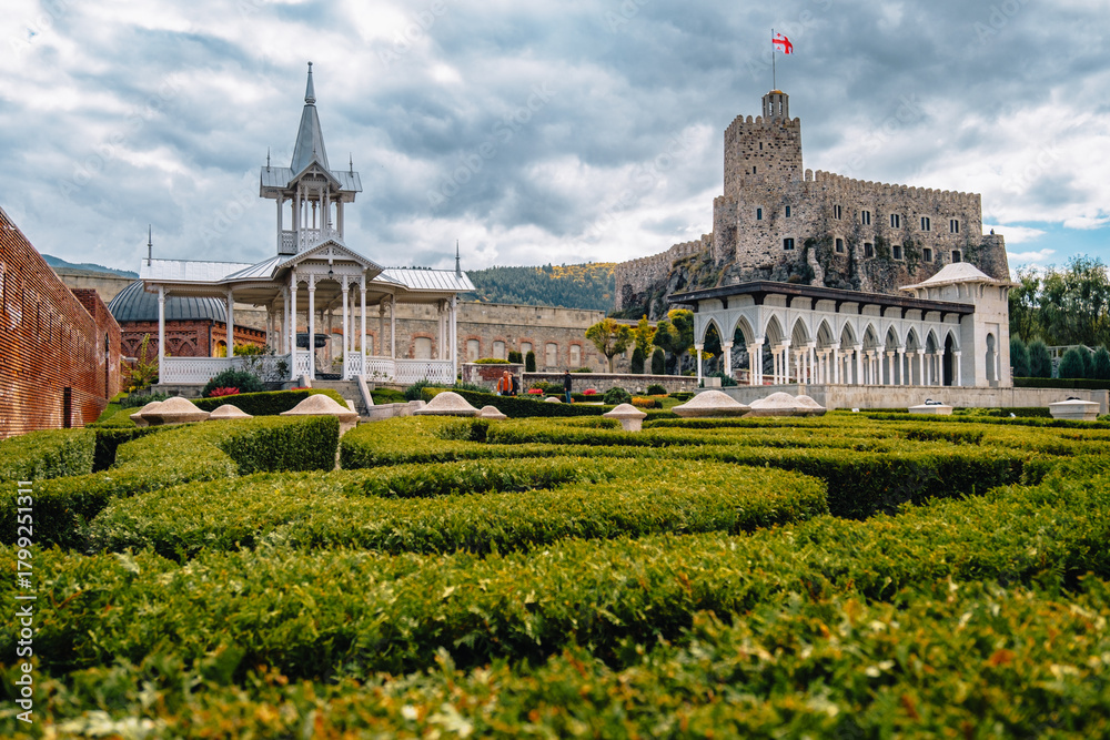Fototapeta premium View on the gazebo, gallery and main fortress and garden of Akhaltsikhe castle complex in Georgia