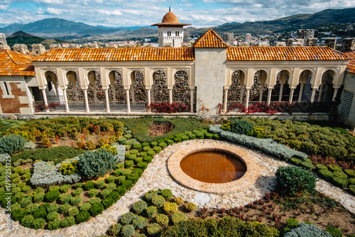 view of the beautiful garden and the gallery inside of akhaltsikhe (also called rabati) castle complex in georgia
