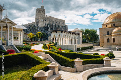 View on thw white gazebo, the main fortress, the gallery and the mosque golden cupola of Akhaltsikhe castle's garden (also calle Rabati) in Georgia