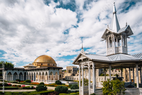 View on the golden cupola of Akhmedye mosque, the gallery and the white gazebo of Akhaltsikhe castle (also calle Rabati) in Georgia