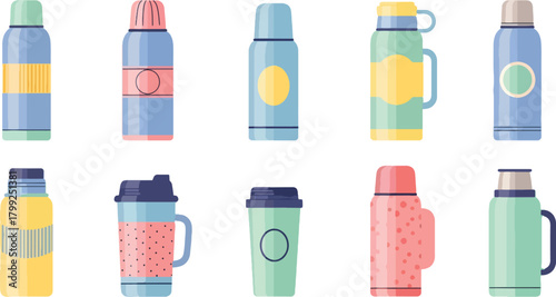 Colorful Set of Insulated Water Bottles with Various Designs and Bright Colors