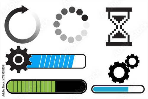 loading progress bar and spinner icons set. progress indicators with gears and hourglass. 