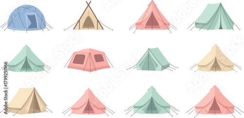 Colorful Camping Tents Set in Various Styles and Colors for Outdoor Activities