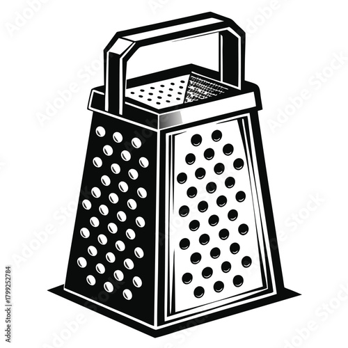 Simple cube shaped metal grater has sharp edged grating surfaces for cooking preparation