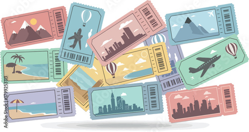 Colorful Travel Tickets with Landscapes and Airplanes in Cartoon Style