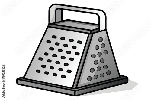 Isometric metal box grater with rounded handle displays various grating surface textures clearly