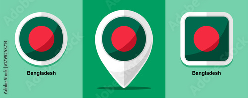 Flat Design Bangladesh Flag Map Round and square on green background