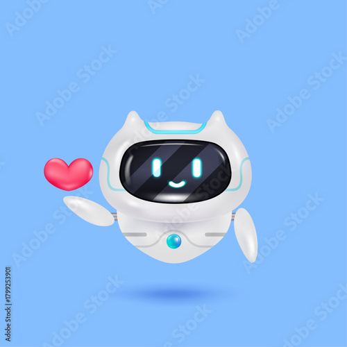 3D smiling chatbot robot holding a heart-shaped, symbolizing love, care, and positive AI interaction. 3D Rendering. Vector illustration