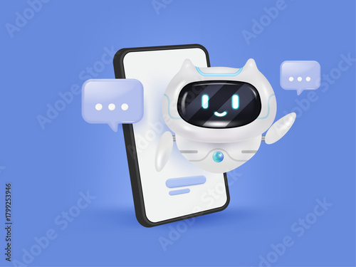 3D friendly chatbot from smartphone with speech bubbles, symbolizing AI communication and virtual support. Concept of AI and machine learning. 3D Rendering. Vector illustration