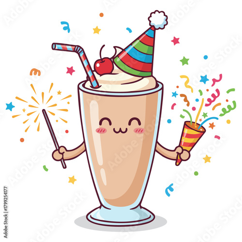 Party shake. Celebration milkshake. Birthday blast smoothie. Joyful jolt. Confetti cooler. Milkshake mascot vector illustration. Whip It good, happy hour treat