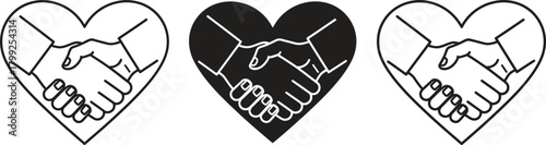 Three stylized hearts with hands shaking inside representing unity diversity and love in a simple graphic design