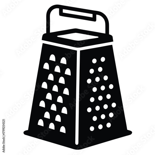 Black grater presents a kitchen tool used for shredding food products with ease