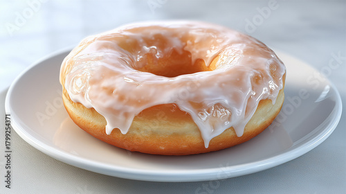 光を受けてアイシングが溶け出すように輝く、ジューシーでふっくらとした揚げドーナツ