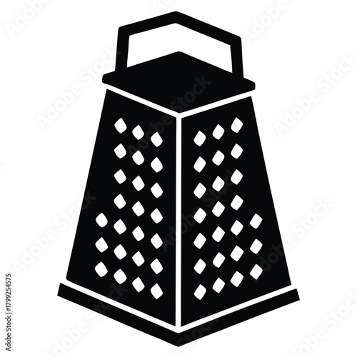 A black kitchen grater with sharp edges stands ready for grating tasks ahead