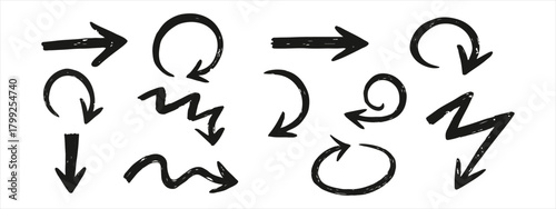 Hand-Drawn Sketch Arrow Set – Curved, Zigzag, and Circular Direction Icons