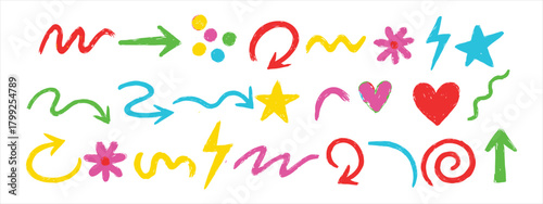 Colorful Hand-Drawn Doodle Elements Set – Arrows, Stars, Hearts, and Sketch Symbols