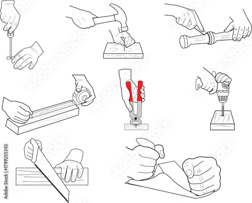 Carpenter Hands Using Tools – Woodworking Hand Postures, Construction Tool Handling Vector Set, Line Art Illustration
