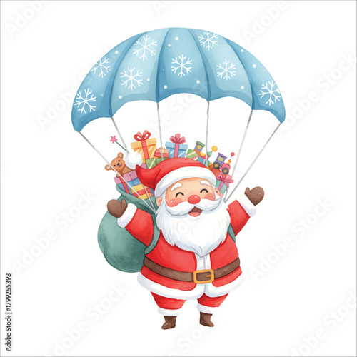 Watercolor Vector Santa Skydiving with Parachute Christmas Art
