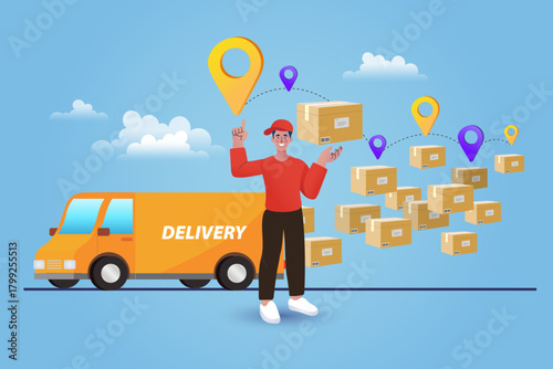 This logistics concept illustrates a global distribution network. A delivery man stands by his van with a map of GPS pins, showing the transportation journey of packages to various destinations.