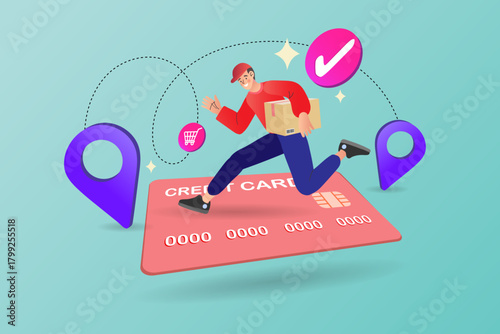 Experience seamless online shopping with this logistics concept. A delivery man races on a credit card path, connecting the shopping cart to the destination pin with fast shipping.