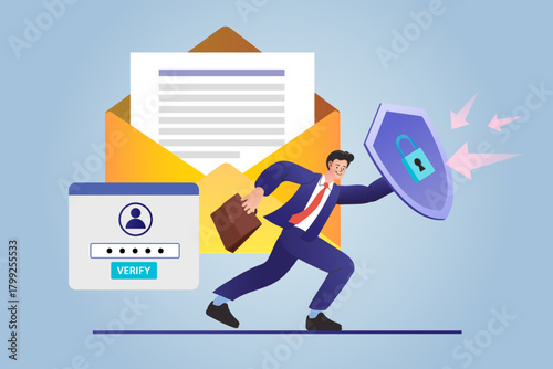 Ensure internet safety with this cybersecurity concept. A man holds a shield to block virus arrows, protecting confidential emails and password access from digital threats.