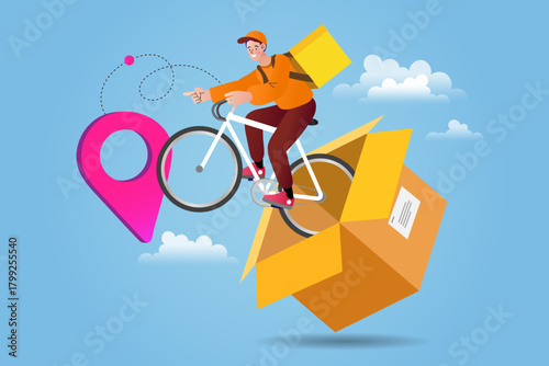A fast bicycle courier rides out of a cardboard box. He points to a GPS location pin, symbolizing rapid urban delivery service and eco friendly shipping logistics for online orders.