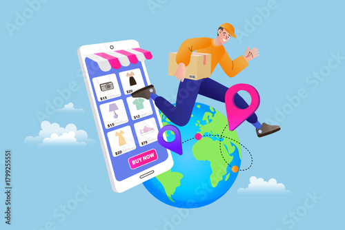 Shop globally with this online store concept. A delivery man carries a box over the world map, connecting the smartphone app purchase to fast international shipping and logistics distribution.
