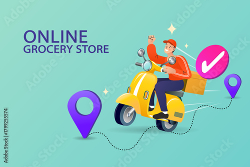 Experience fast service with this online grocery store banner. A happy delivery man rides a yellow scooter along a GPS route, celebrating a successful shipping order with a check mark.