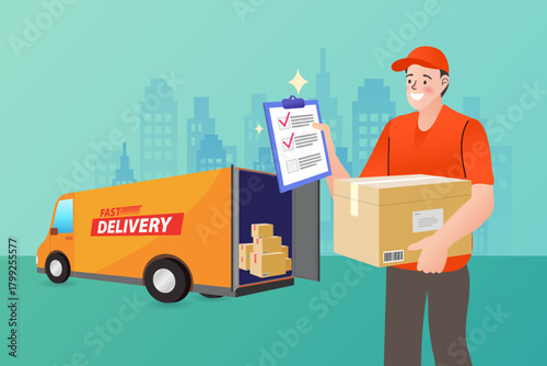 This logistics concept shows reliable cargo distribution. A delivery man checks his order list on a clipboard while holding a box, ensuring accurate shipping service from the loaded truck in the city.