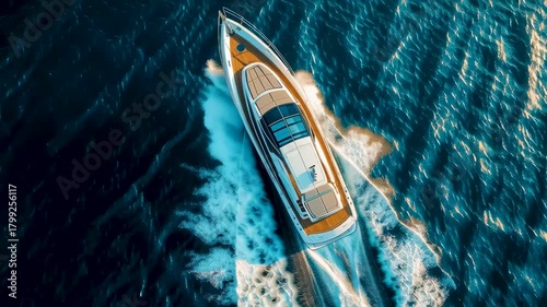 Luxury Yacht on the Open Sea: Aerial shot captures the sleek design of a luxury yacht gliding through the deep blue sea, creating a sense of opulence and freedom.