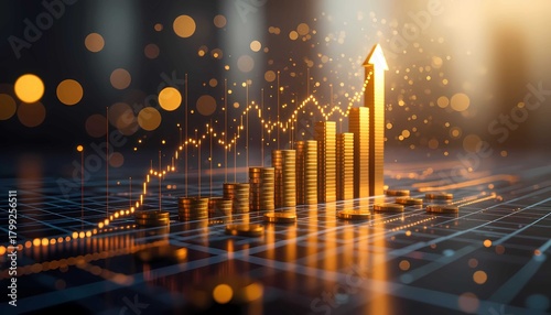 Showing money growth and positive market progress with stacked gold and bright light effects