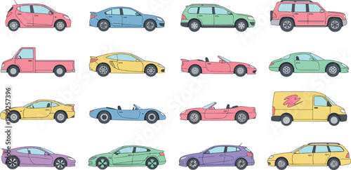 Colorful Illustrated Car Collection with Various Models and Colors