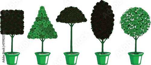 The image presents a and stylized collection of five topiary trees, each housed in a bright green pot. The trees themselves are rendered in two distinct shades of green, adding a subtle layer of 