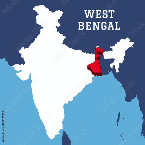 West Bengal highlighted 3D map on india map with blue background vector illustration	