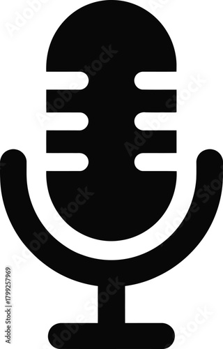 Black microphone icon representing audio recording, voice communication, broadcast, podcast, and live streaming. a modern graphic symbol for sound.