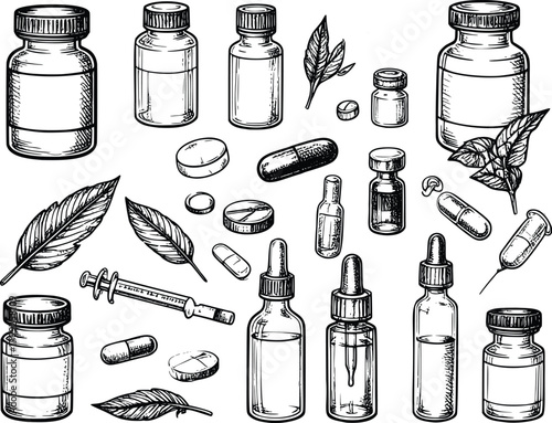 Vector Set of Medicine Bottles and Tablets