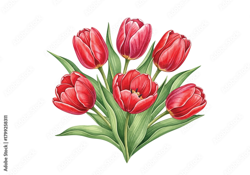 Fototapeta premium Vibrant Red Tulips Bouquet Botanical Illustration Spring Flowers
