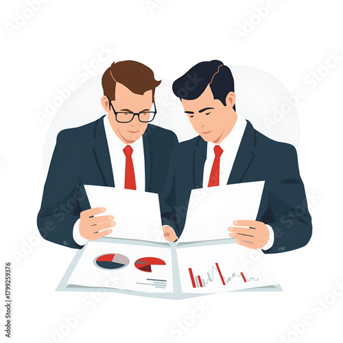 two businessmen reviewing financial report and charts together
