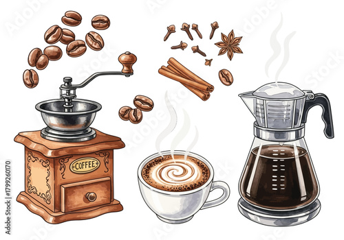 Coffee Making Elements Beans Grinder Moka Pot Spices and Drink