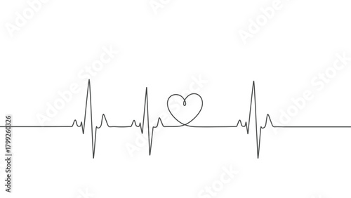 ecg heart line drawing. continuous one line drawing heart cardiogram ecg pulse minimal art doodle simple minimal single outline