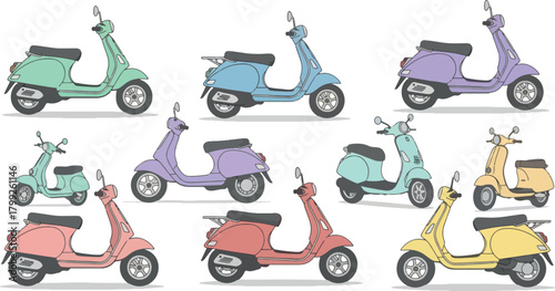 Colorful Vintage Scooters Collection in Pastel Shades for Transportation and Lifestyle