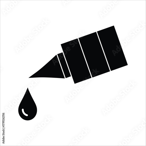 Sleek minimalist black silhouette icon of a dropper bottle accurately dispensing a single liquid drop, ideal for representing medicine, oil, or precision applications in various design contexts