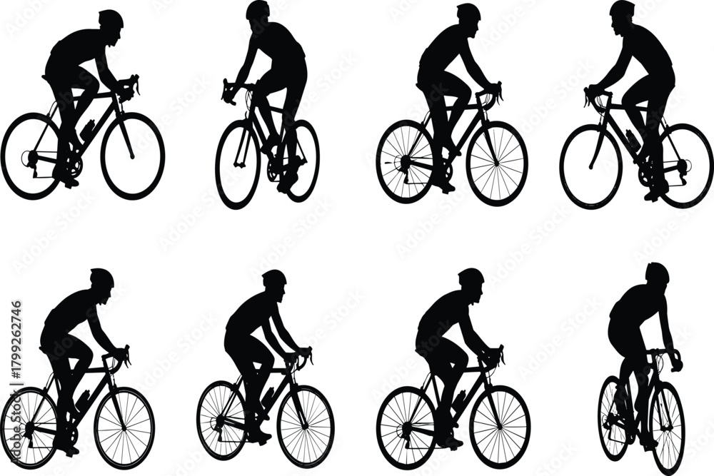 Fototapeta premium Set of cyclist silhouettes on road bikes. Vector collection of isolated athletes riding in various cycling action poses.