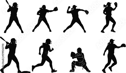 Set of black silhouettes of female softball players in various action poses. Vector icon collection for sports, game, or team