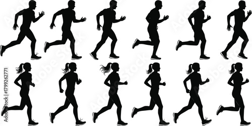 Set of running man and woman silhouettes. Vector icon collection of runners and joggers for fitness, sport, or marathon.