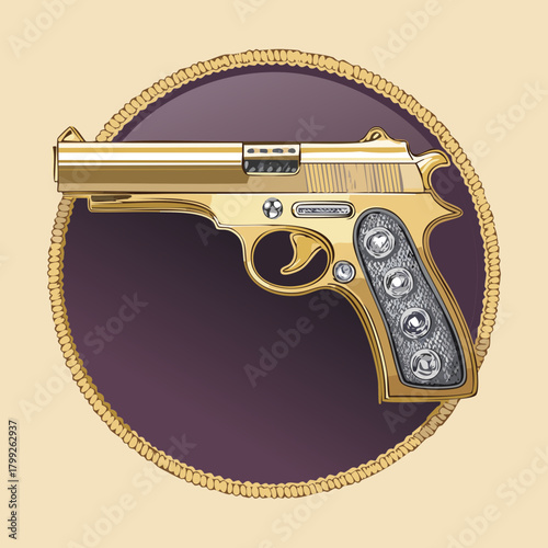 Luxury golden handgun with ornate engravings and wooden grip for high stakes game character and elite security